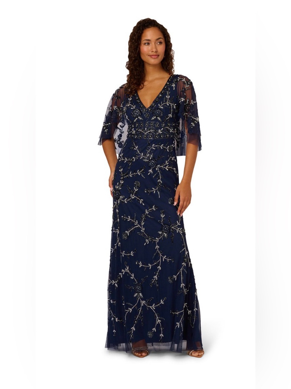 ADRIANNA PAPELL Navy Blue Beaded Mesh Blouson Column Gown. Size 8. NWT. - Picture 5 of 7